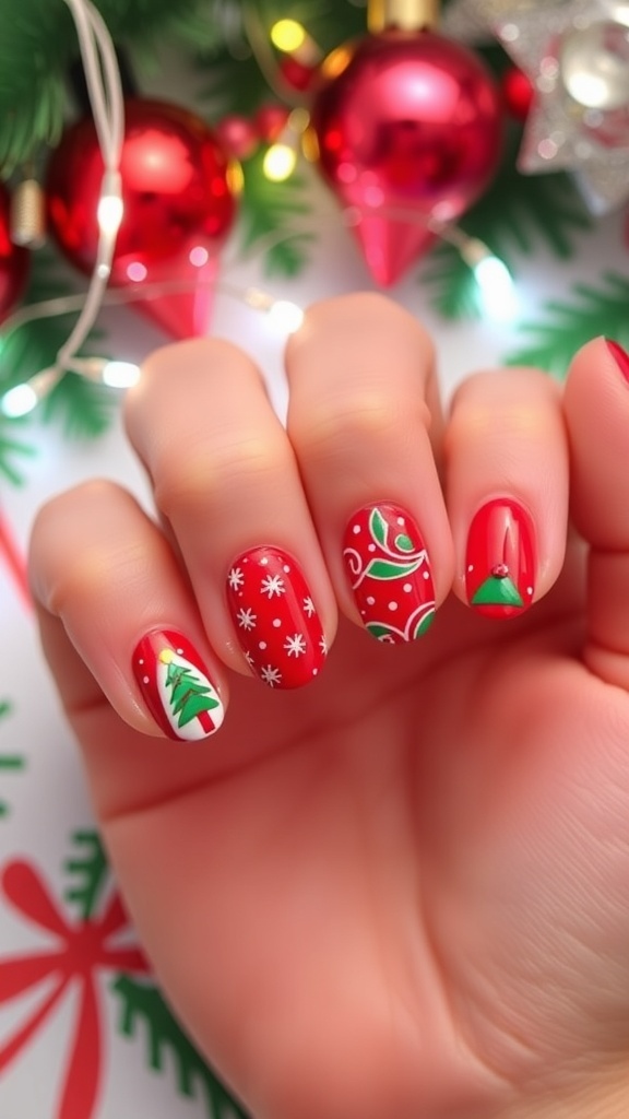 Christmas Mini Nail Art Designs Mini Christmas nail art designs with festive symbols on a holiday-themed background.